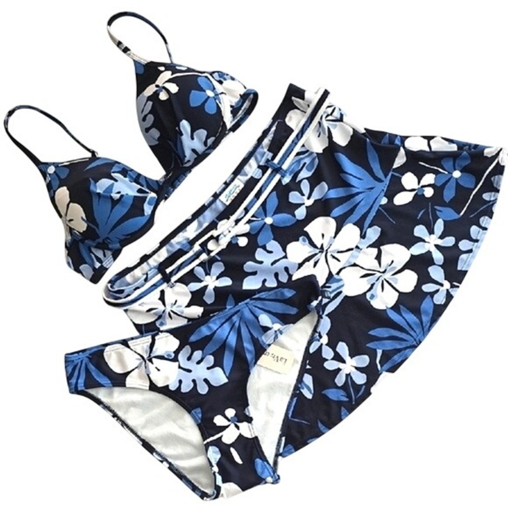 NWT Aqua Rose Women's Three Piece Bikini Set Blue White Floral L